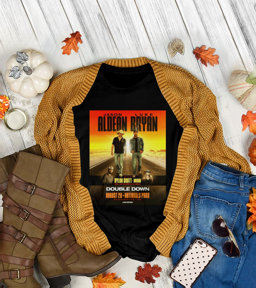 Jason Aldean Luke Bryan Double Down August 20 Nationals Park Washington D.C. With Dylan Scott Dasha Dee Jay Silver Dj Rock Live Nation T-Shirt
