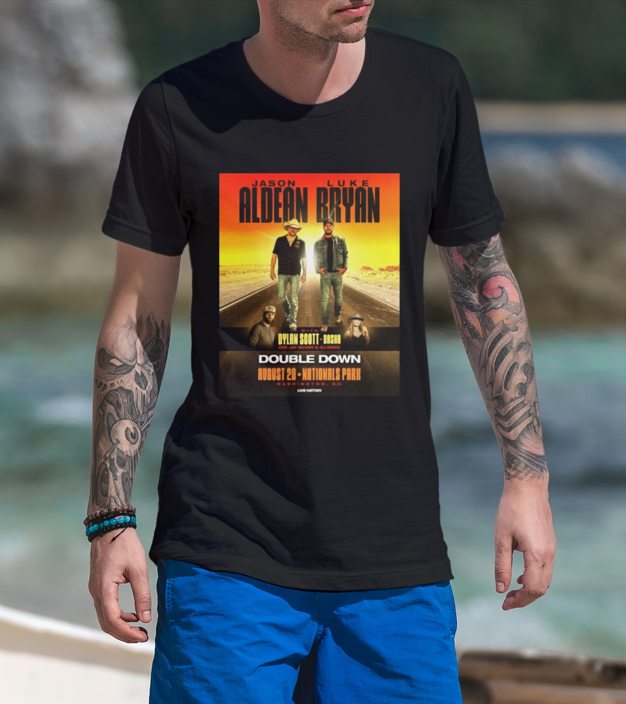 Jason Aldean Luke Bryan Double Down August 20 Nationals Park Washington D.C. With Dylan Scott Dasha Dee Jay Silver Dj Rock Live Nation T-Shirt