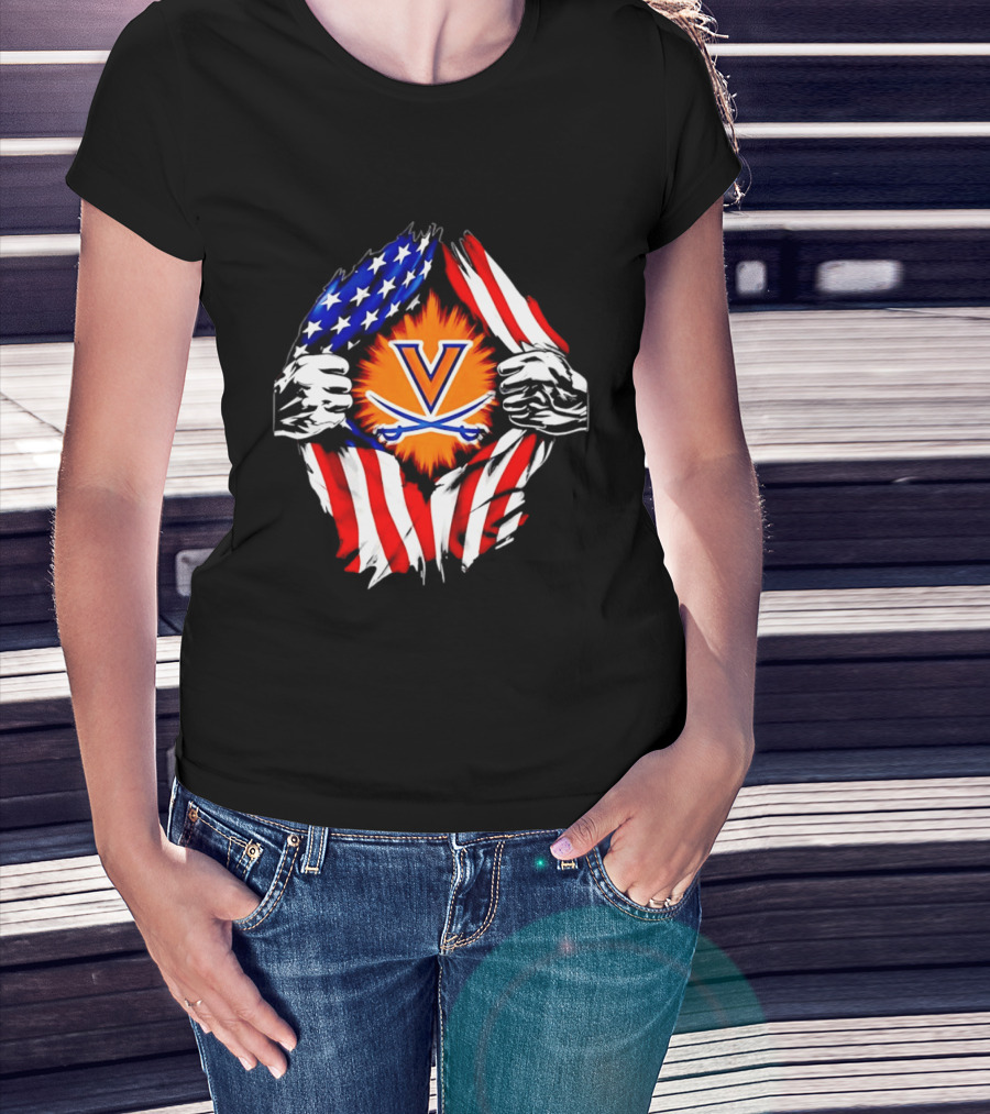 Virginia Cavaliers American Flag Ripped Chest V T-Shirt