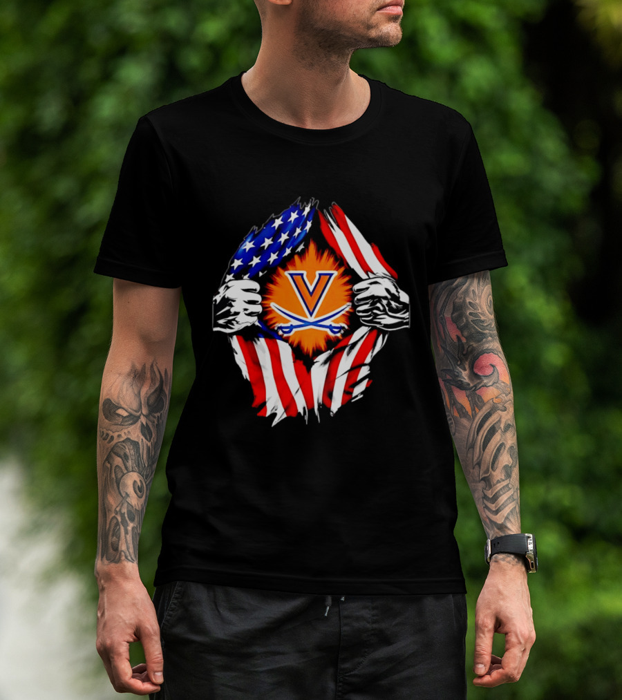 Virginia Cavaliers American Flag Ripped Chest V T-Shirt