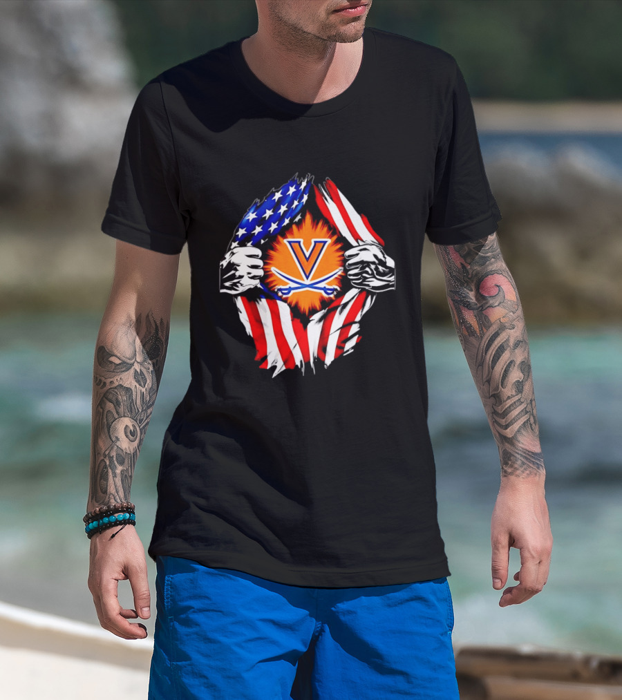 Virginia Cavaliers American Flag Ripped Chest V T-Shirt
