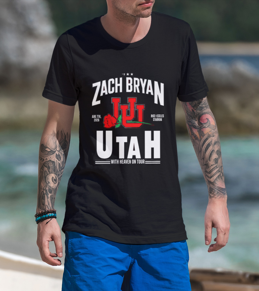 Zach Bryan Utah Rice Eccles Stadium Aug 7th 2026 With Heaven On Tour Red Rose JJJ T-Shirt