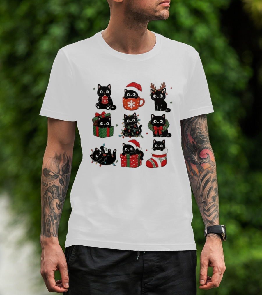 Black Cats Christmas Grid T-Shirt