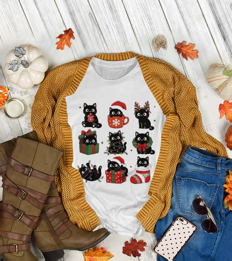 Black Cats Christmas Grid T-Shirt