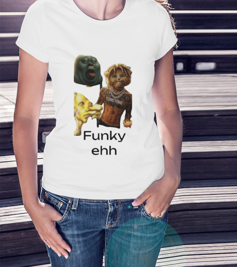Neegy Funky Ehh Tung Tung Cat Tattoo Character Trio T-Shirt