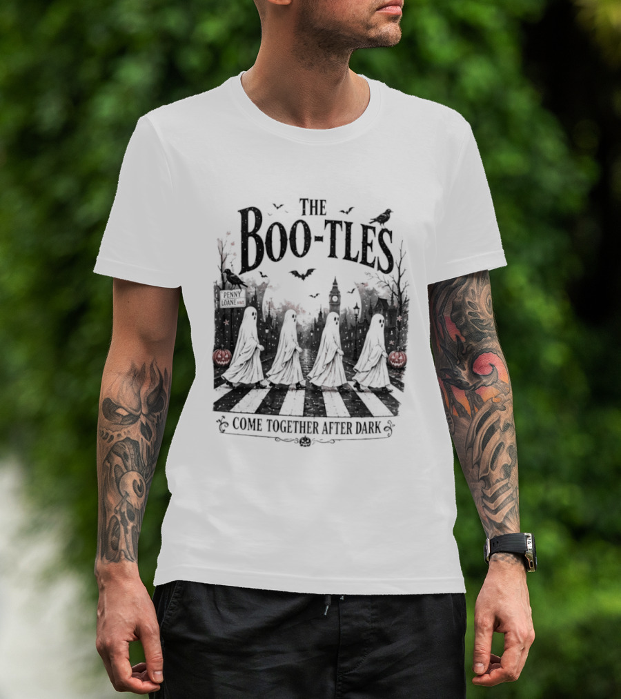 The Boo Tles Come Together After Dark Halloween Ghostly Abbey Road Bats Pumpkins T-Shirt