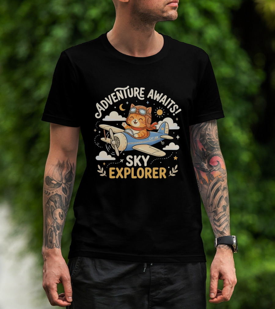 Adventure Awaits Cat Sky Explorer Airplane T-Shirt
