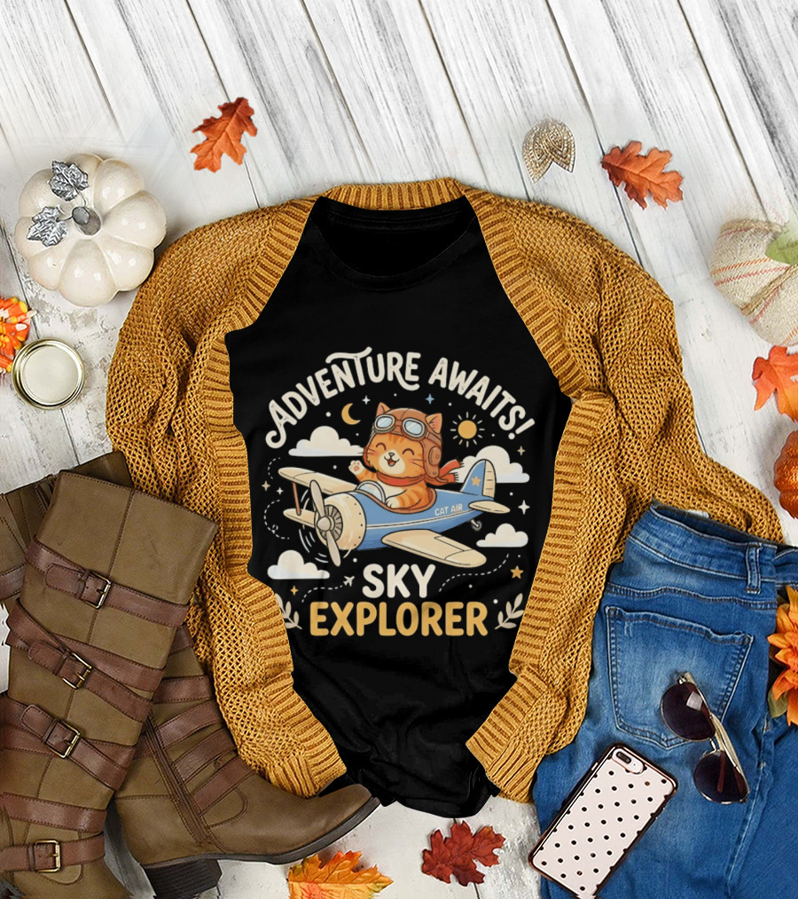 Adventure Awaits Cat Sky Explorer Airplane T-Shirt