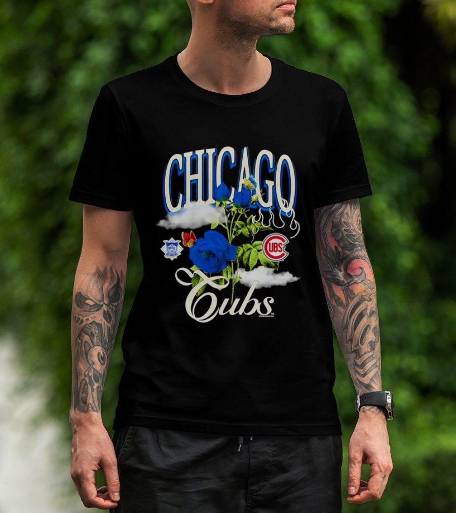 Chicago Cubs National League Blue Floral Rose Clouds T-Shirt