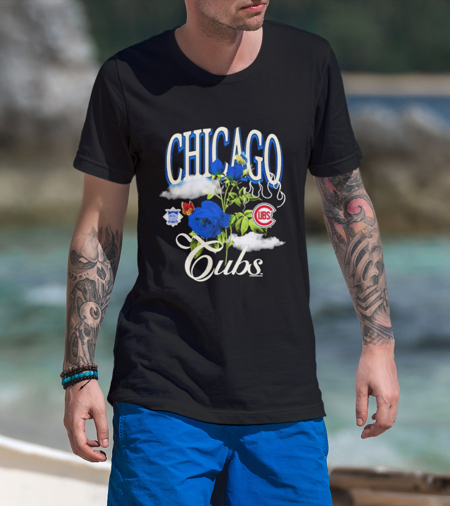 Chicago Cubs National League Blue Floral Rose Clouds T-Shirt