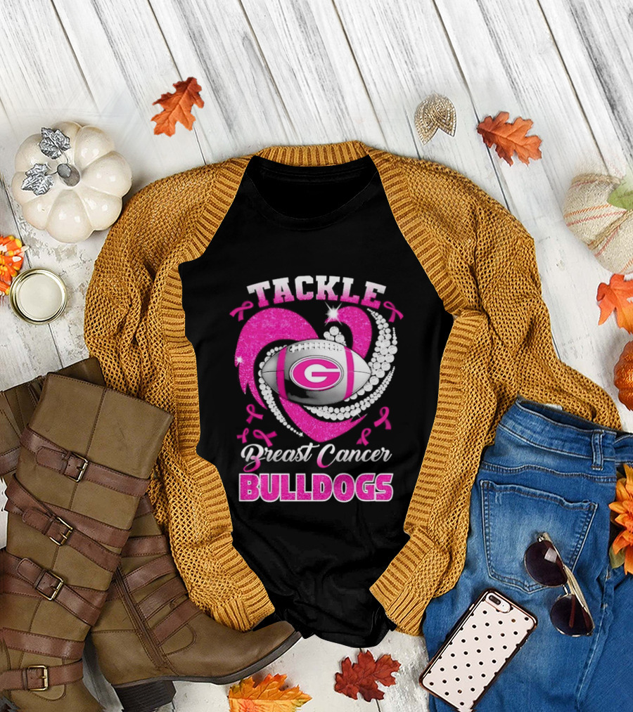 Tackle Breast Cancer Bulldogs Football G Logo Pink Ribbon T-Shirt