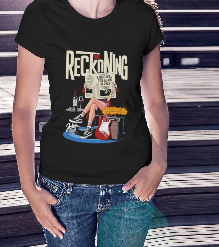 The Reckoning Bands Will Rise Again 2026 Woman Reading Newspaper Red Electric Guitar Amp T-Shirt