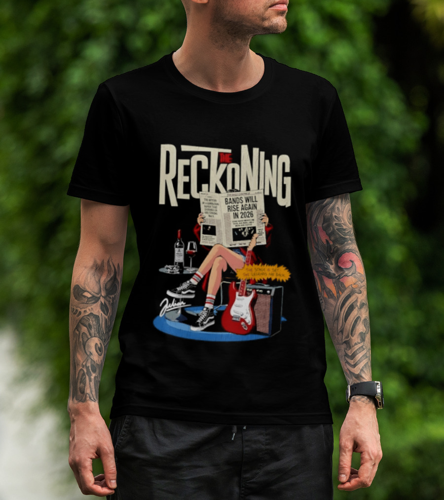 The Reckoning Bands Will Rise Again 2026 Woman Reading Newspaper Red Electric Guitar Amp T-Shirt