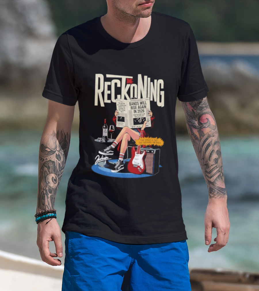 The Reckoning Bands Will Rise Again 2026 Woman Reading Newspaper Red Electric Guitar Amp T-Shirt