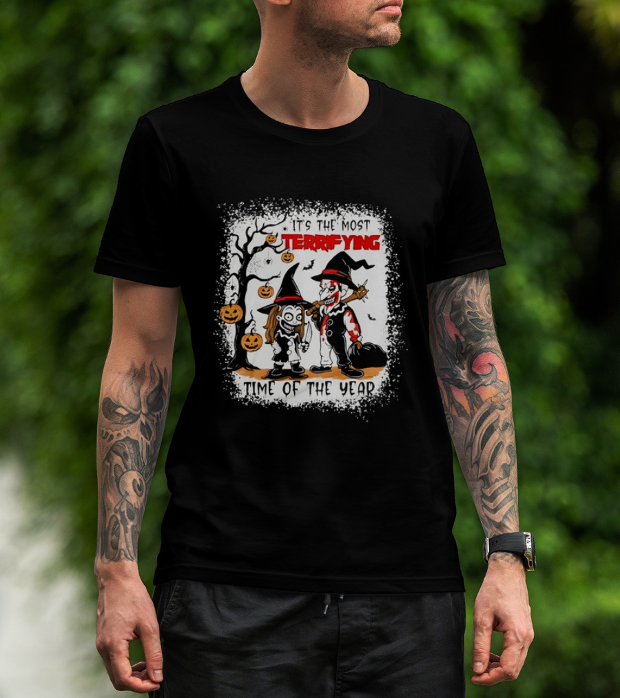 It's The Most Terrifying Time Of The Year Halloween Witch And Clown Axe Pumpkin T-Shirt