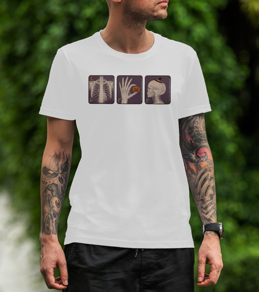 X Ray Skeleton Halloween Chest Hand Pumpkin Skull Witch Hat T-Shirt
