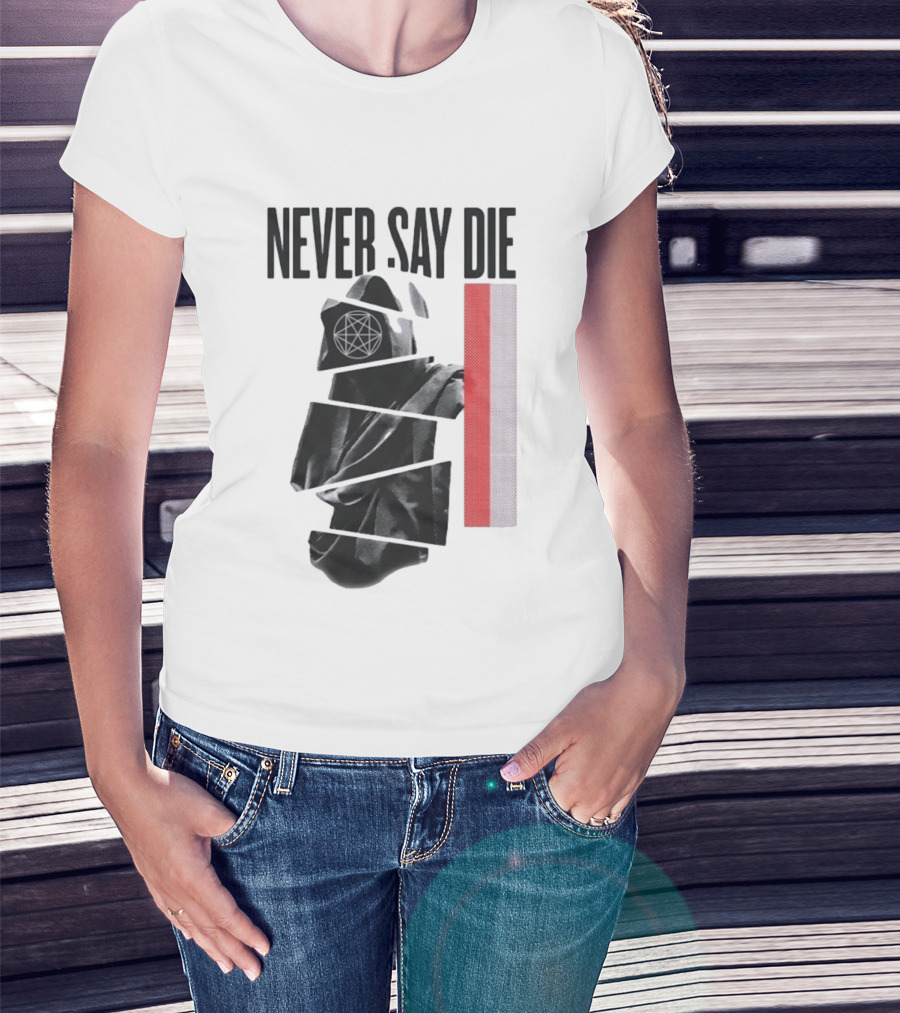 Never Say Die Hooded Occult Figure With Pentagram Halftone T-Shirt