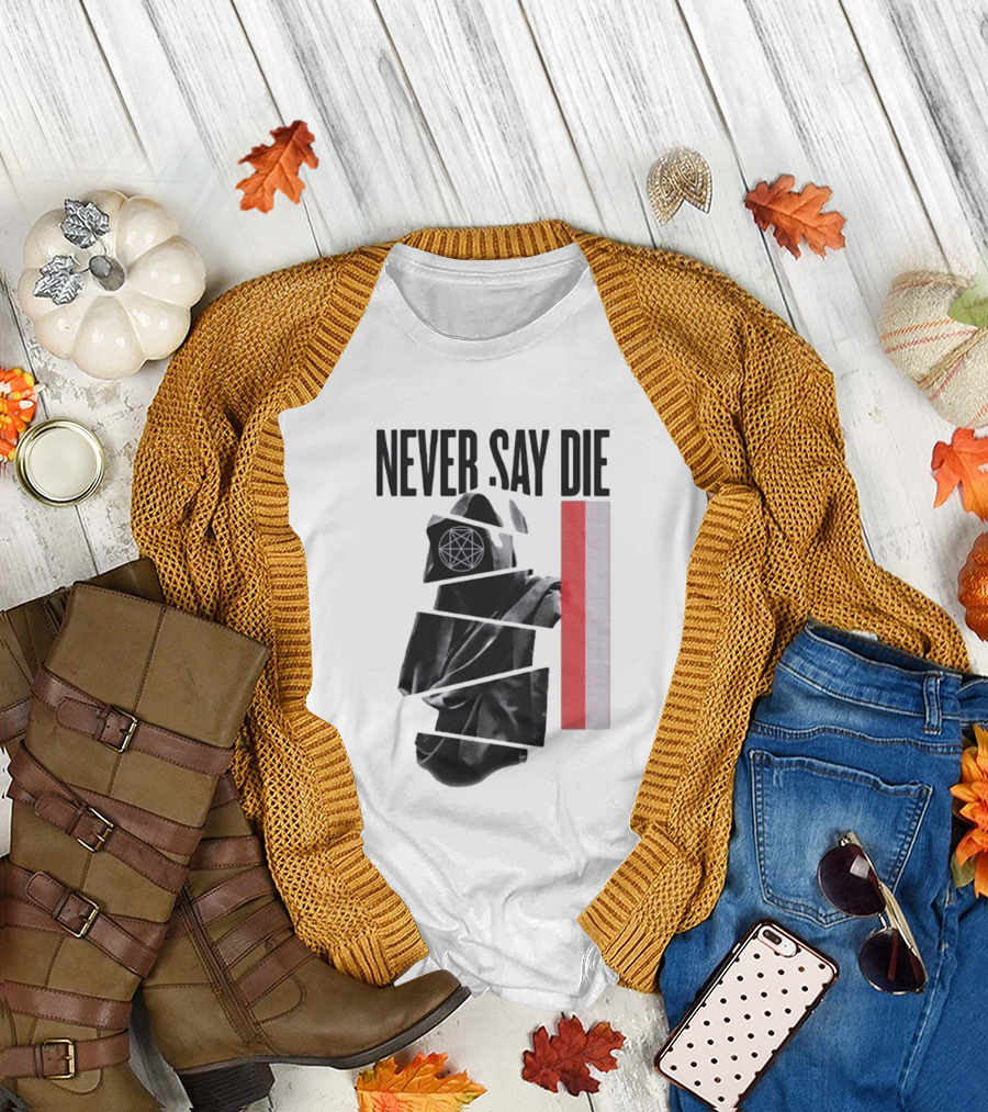 Never Say Die Hooded Occult Figure With Pentagram Halftone T-Shirt