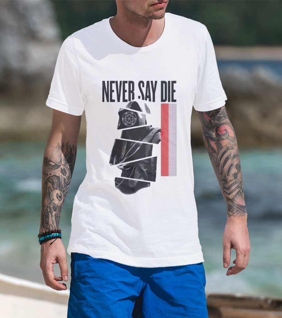 Never Say Die Hooded Occult Figure With Pentagram Halftone T-Shirt