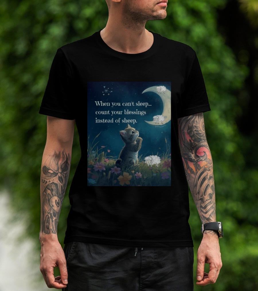 Cat When You Can't Sleep Count Your Blessings Instead Of Sheep Healing Vibes Moon Sheep Flowers T-Shirt