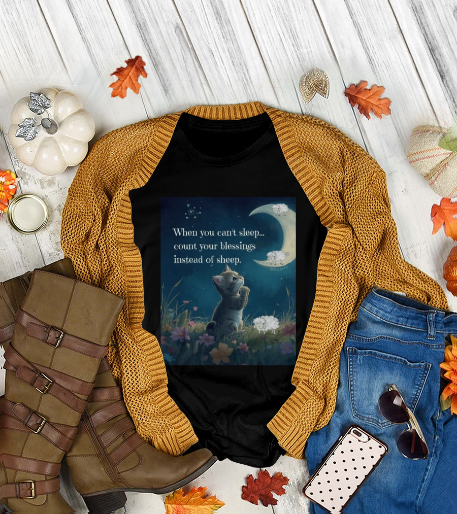 Cat When You Can't Sleep Count Your Blessings Instead Of Sheep Healing Vibes Moon Sheep Flowers T-Shirt