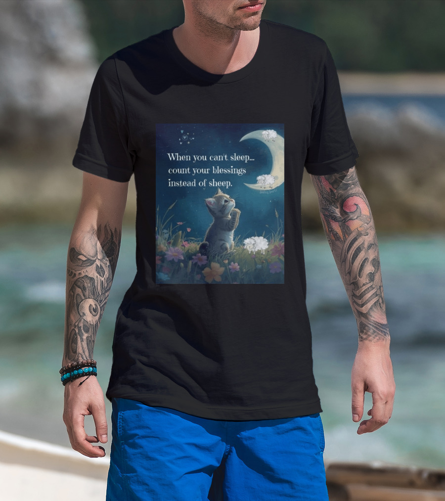 Cat When You Can't Sleep Count Your Blessings Instead Of Sheep Healing Vibes Moon Sheep Flowers T-Shirt