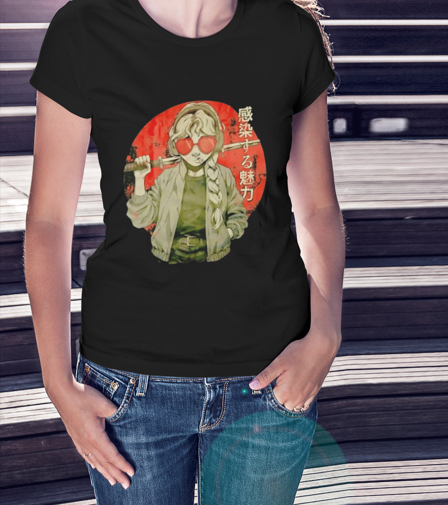 Anime Katana Girl Infectious Charm Heart Sunglasses Braided Hair T-Shirt