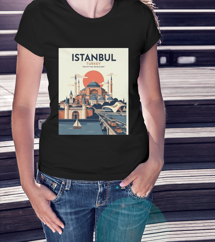 Istanbul Turkey The City That Never Sleeps Iconic Landmarks Urban Skyline Retro Style Scenic Tram And Sailboat T-Shirt