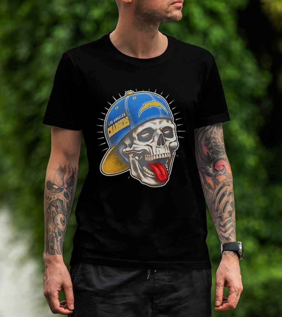 Los Angeles Chargers Skull Tongue Out Cap Football T-Shirt