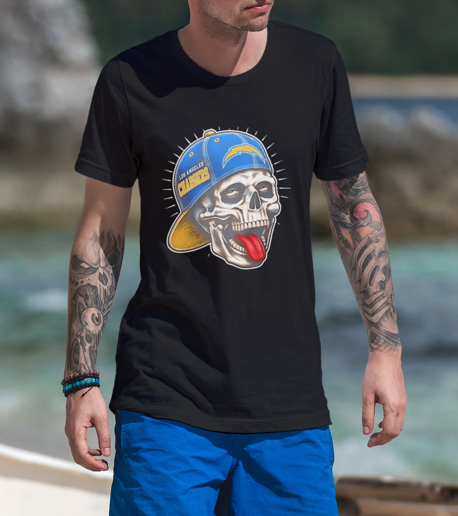 Los Angeles Chargers Skull Tongue Out Cap Football T-Shirt