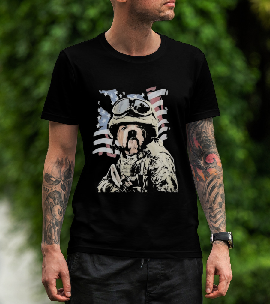 American Bulldog Soldier With United States Flag Goggles And Military Gear T-Shirt