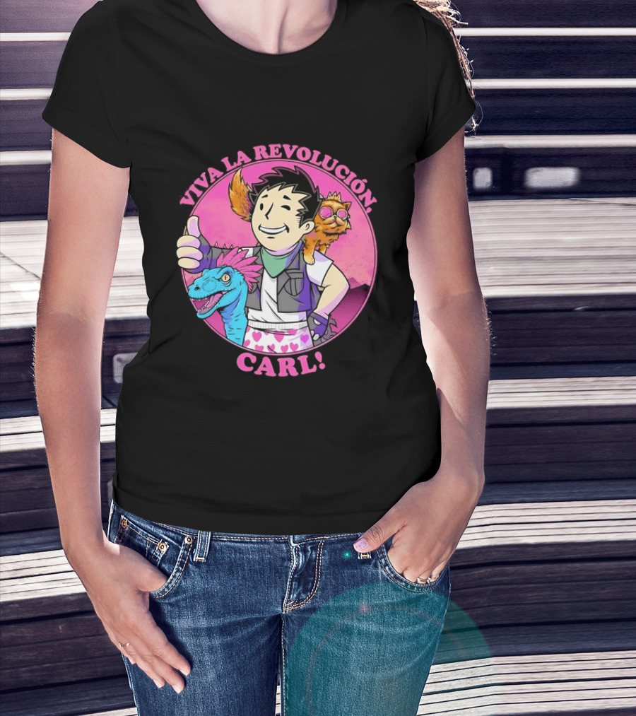 Viva La Revolución Carl Fallout Vault Boy Dinosaur Cat T-Shirt