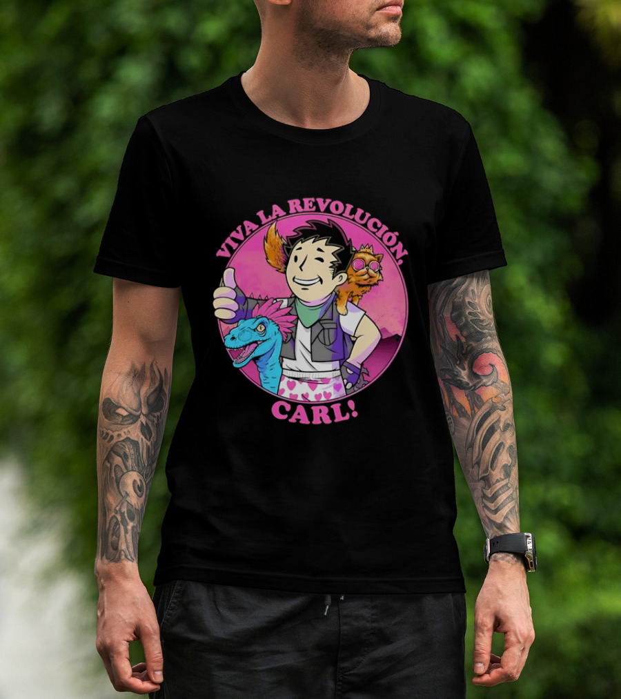 Viva La Revolución Carl Fallout Vault Boy Dinosaur Cat T-Shirt
