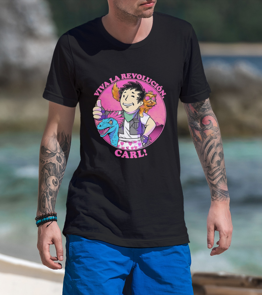 Viva La Revolución Carl Fallout Vault Boy Dinosaur Cat T-Shirt