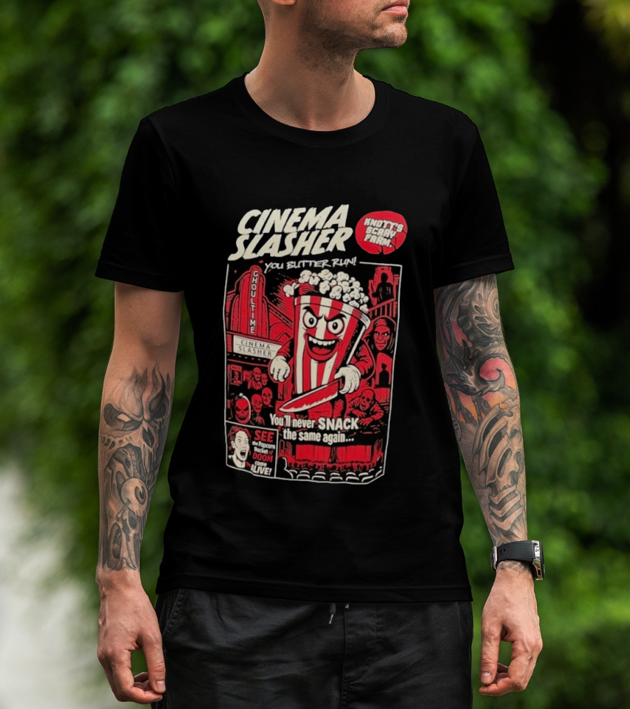 Cinema Slasher You Butter Run Knott's Scary Farm Popcorn Bucket Of Doom T-Shirt