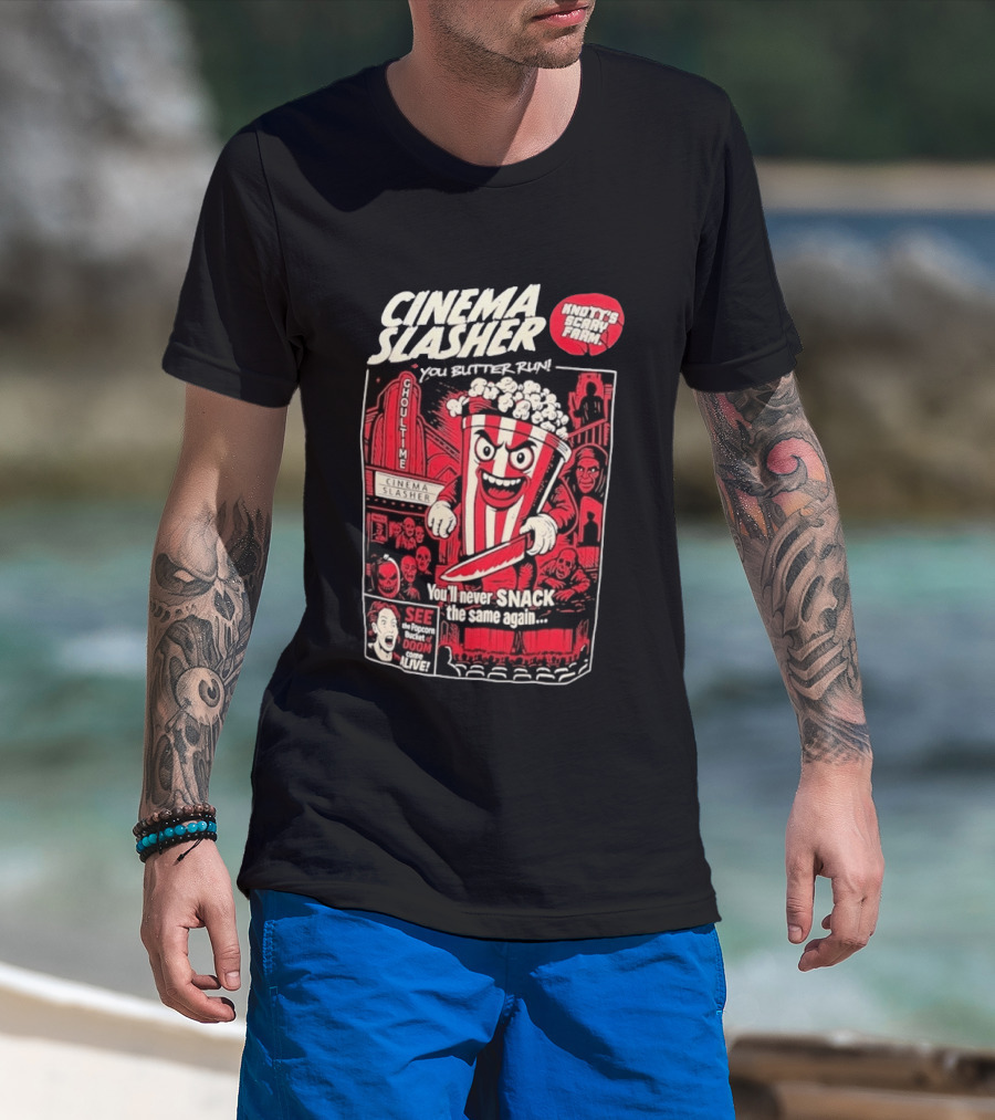 Cinema Slasher You Butter Run Knott's Scary Farm Popcorn Bucket Of Doom T-Shirt
