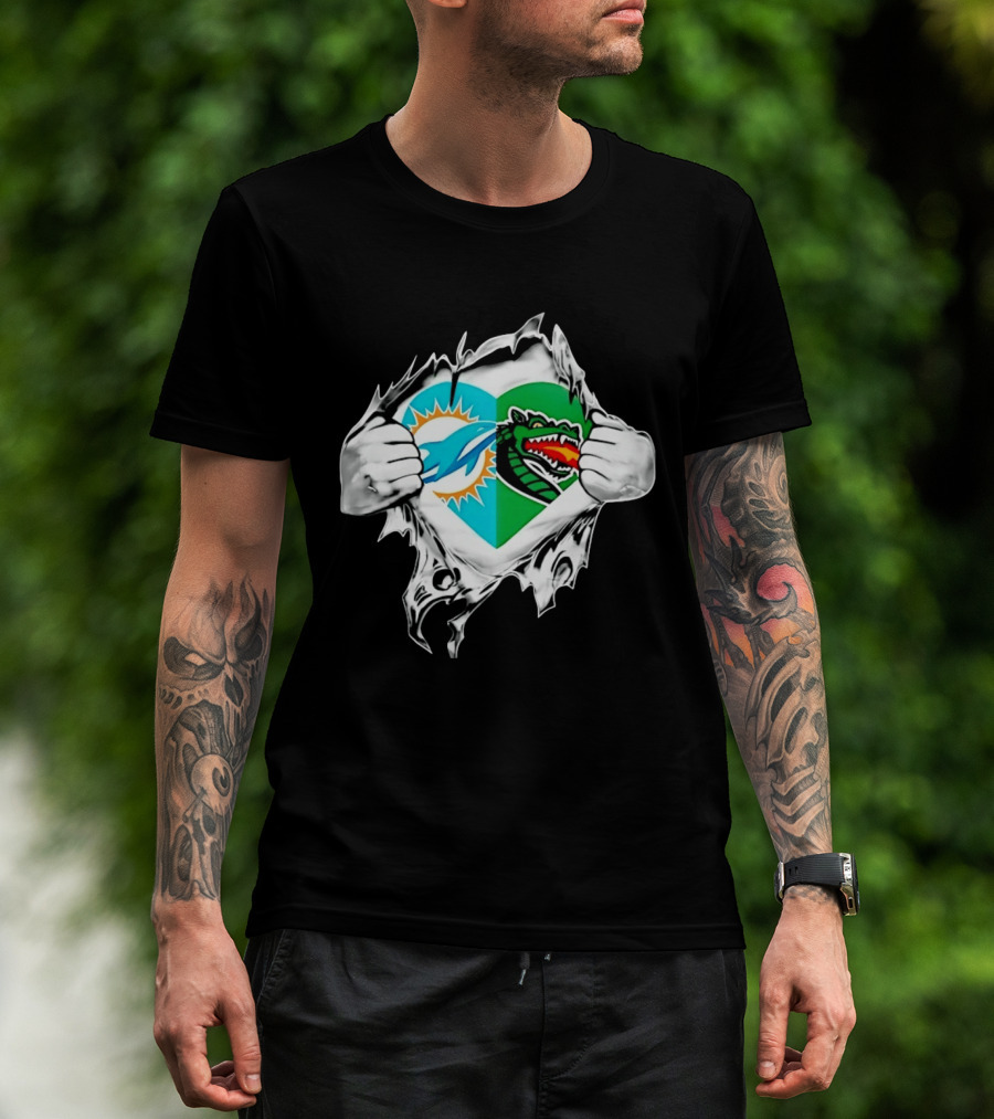 Miami Dolphins UAB Blazers Heart Superman Chest Rip T-Shirt