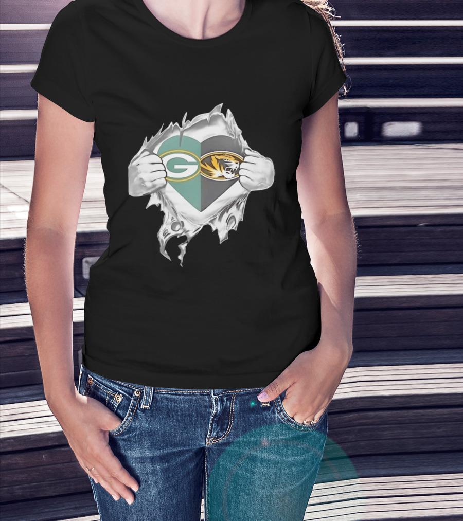 Green Bay Packers Missouri Tigers Heart Superman Chest Rip T-Shirt