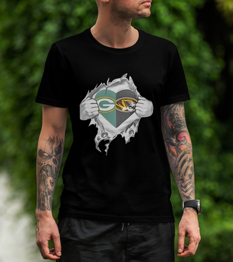 Green Bay Packers Missouri Tigers Heart Superman Chest Rip T-Shirt