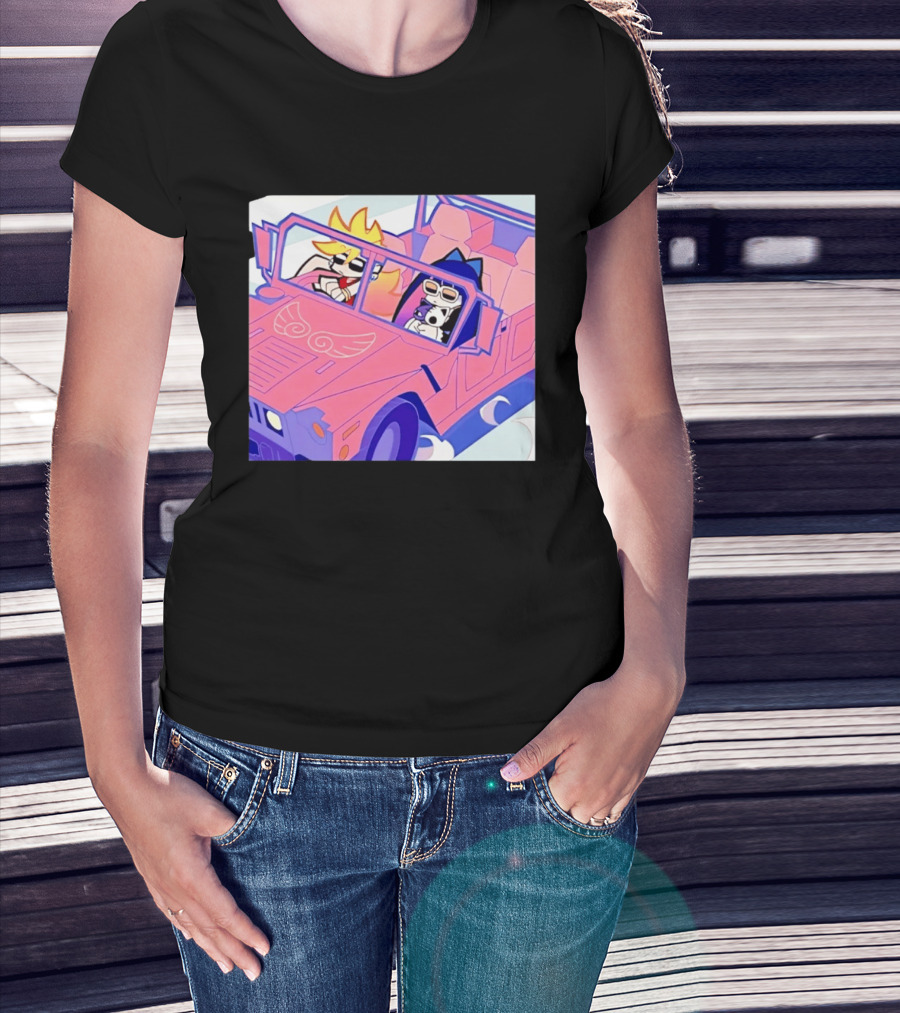 Panty And Stocking With Garterbelt Anime Characters Riding In Pink Car T-Shirt