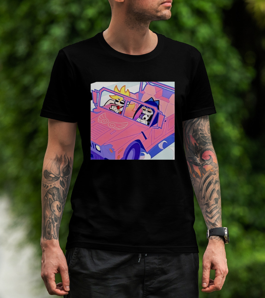 Panty And Stocking With Garterbelt Anime Characters Riding In Pink Car T-Shirt