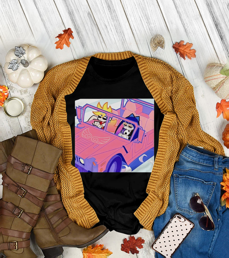 Panty And Stocking With Garterbelt Anime Characters Riding In Pink Car T-Shirt