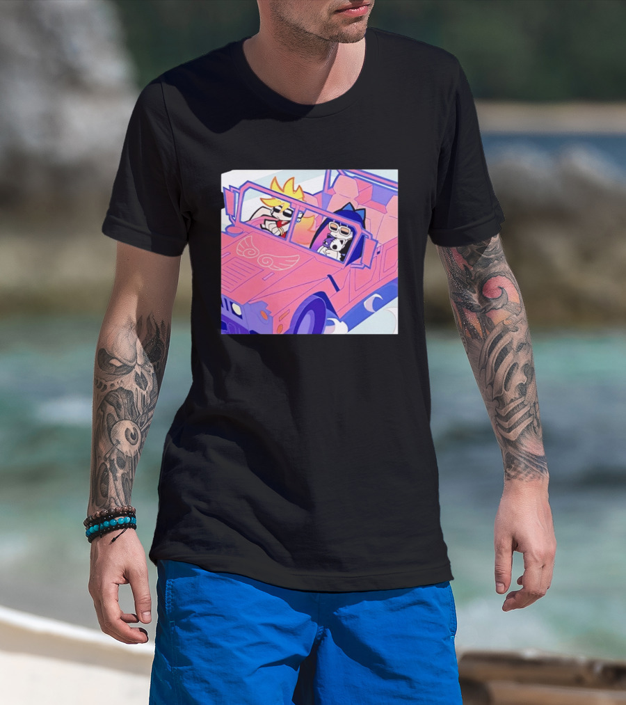 Panty And Stocking With Garterbelt Anime Characters Riding In Pink Car T-Shirt