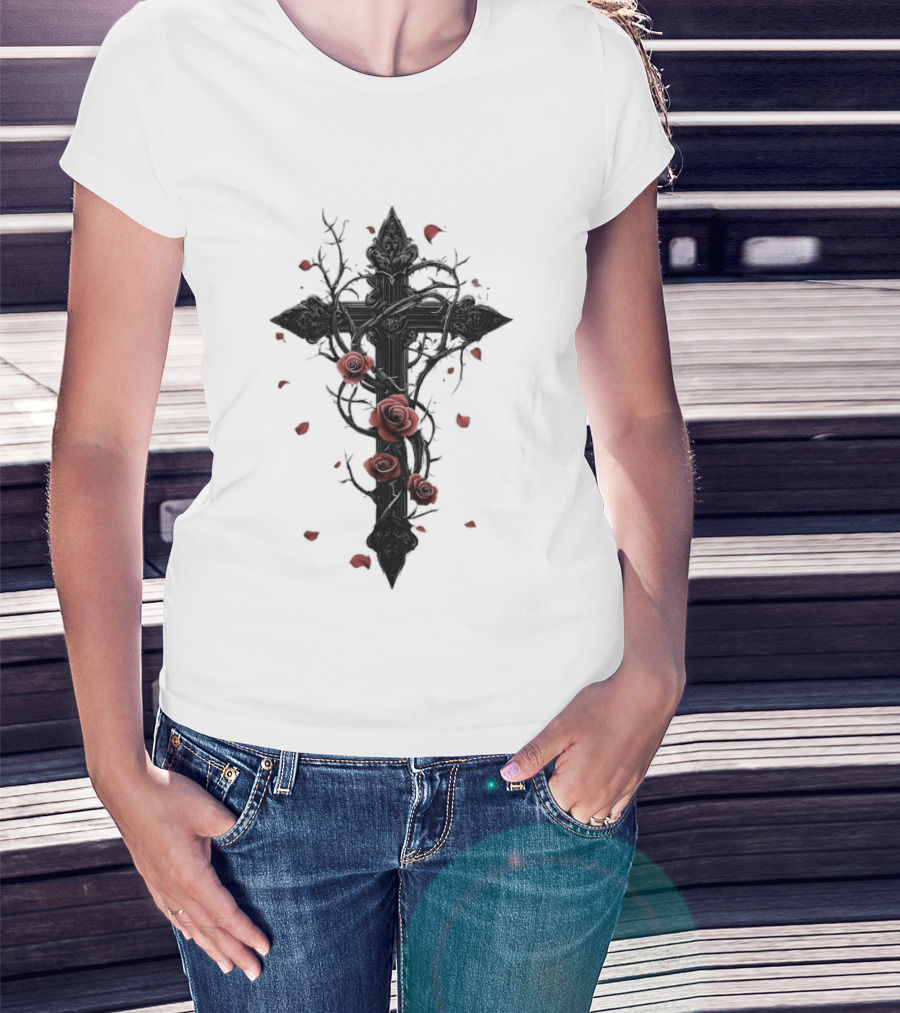 Gothic Cross Red Roses Thorns Religious Symbol Roses T-Shirt
