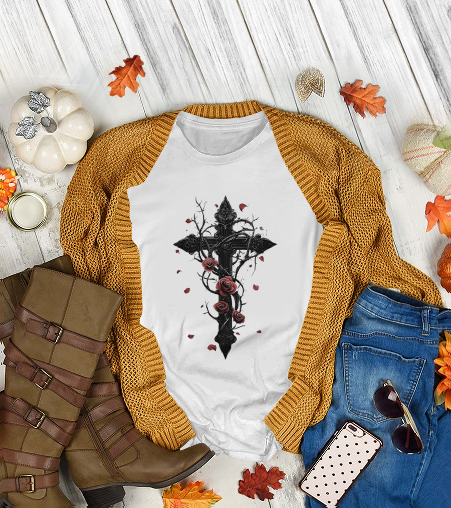 Gothic Cross Red Roses Thorns Religious Symbol Roses T-Shirt