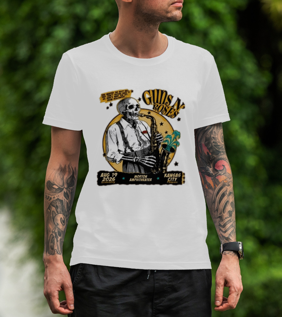 Guns N' Roses Aug 19 2026 Morton Amphitheater Kansas City Skeleton Saxophone T-Shirt