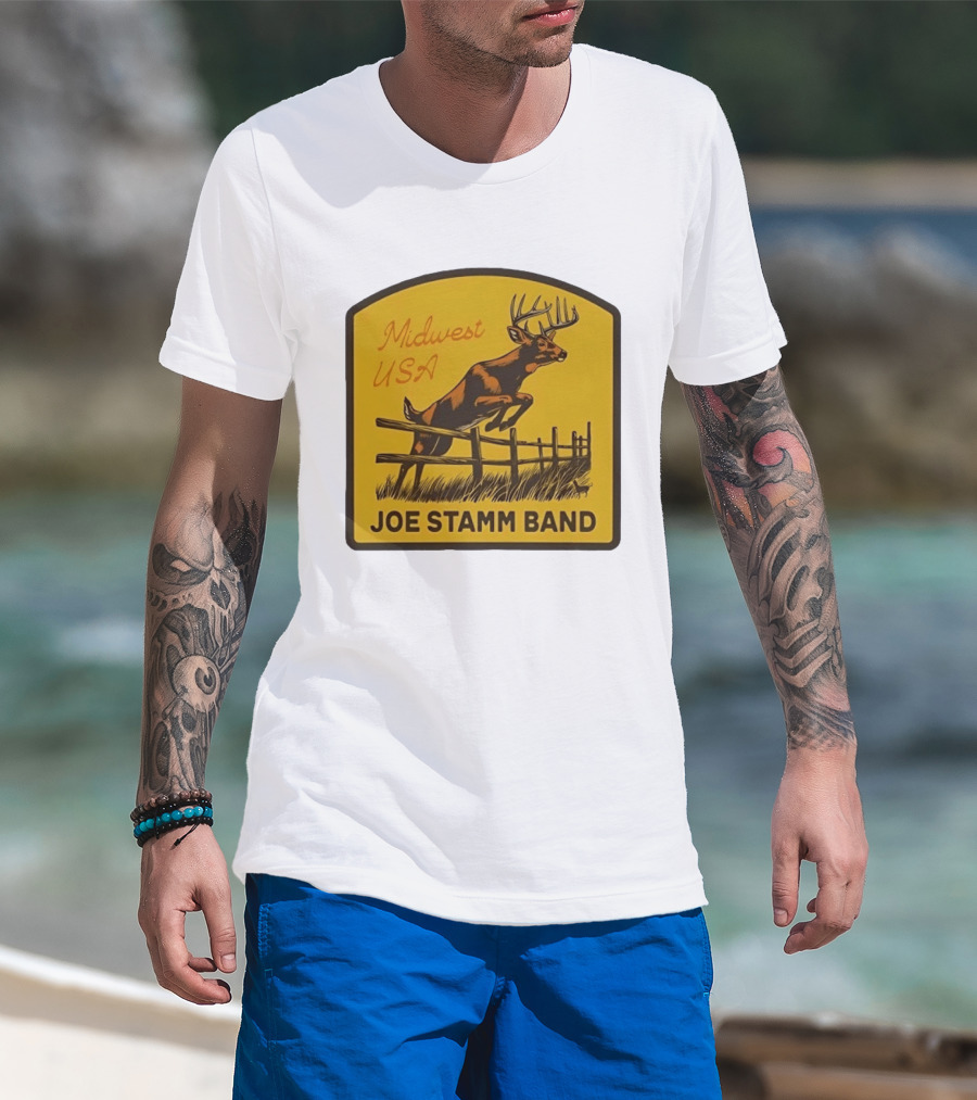 Joe Stamm Band Midwest USA Deer Jumping Fence Over Farm Field T-Shirt