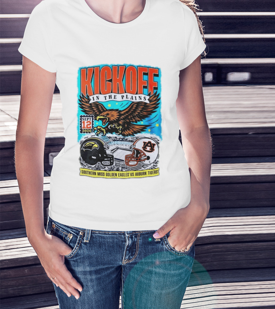 Kickoff In The Plains Southern Miss Golden Eagles Vs Auburn Tigers Sept 12 2026 Football Matchup T-Shirt