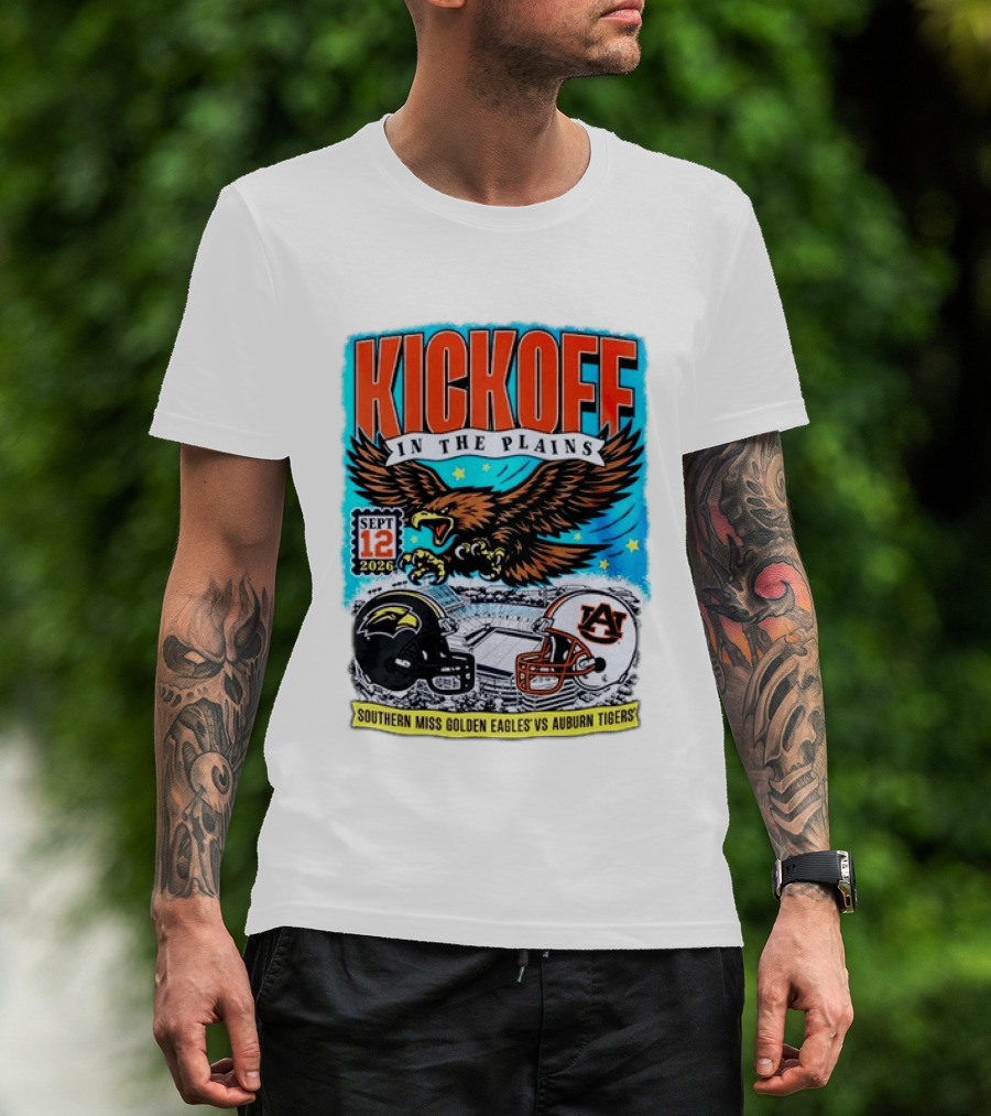 Kickoff In The Plains Southern Miss Golden Eagles Vs Auburn Tigers Sept 12 2026 Football Matchup T-Shirt