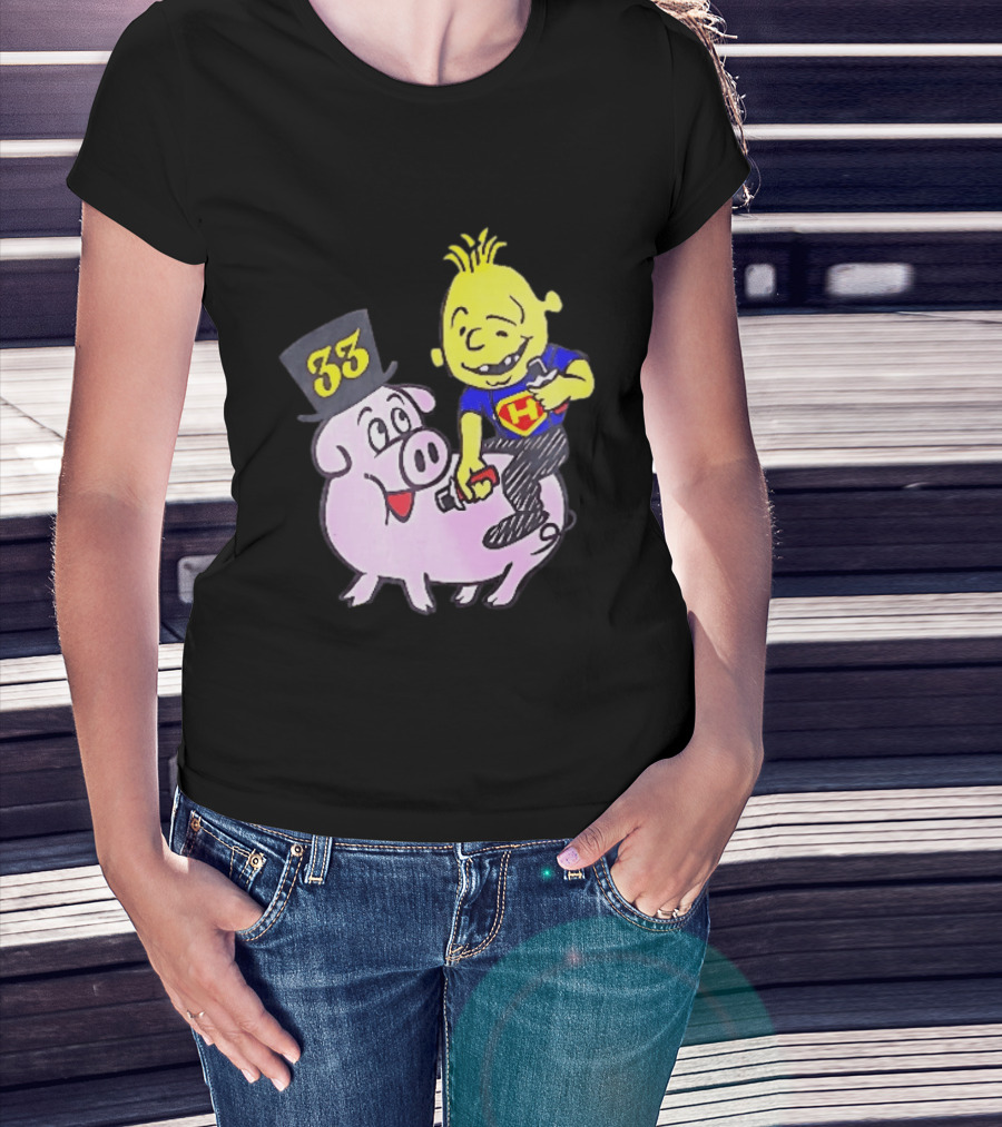 33 Cartoon Boy Yellow Hair Riding Pink Pig Black Top Hat H Hero T-Shirt